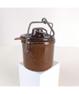 Vintage 1980s Brown Glazed Stoneware Butter Cheese Crock Locking Wire Ba... - $16.00