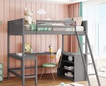 Wooden Full Size Loft Bed With Built-In Desk And Bookshelves, Solid Wood... - $732.99