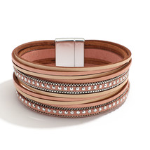 Amorcome Bohemian Multilayer Rivet Stud Slim Strips Leather Bracelets for Women  - £9.75 GBP