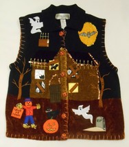 HALLOWEEN Women&#39;s Sweater VEST Knit Pumpkins Ghost Black Cat Moon Wearable Art L - £28.02 GBP