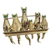 Vintage Gold Tone Cat Green Rhinestone Eyes Moveable Tail Pin Brooch - £14.40 GBP