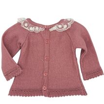 Paz Rodriguez Knit Cardigan Lace Collar 1M Pink Cotton Blend Spain - $38.40