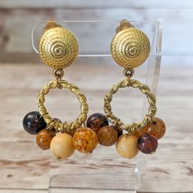 Vintage Clip On Earrings Gold Tone &amp; Shades of Brown Large Dangle - £13.31 GBP