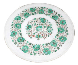12&quot; Marble White Round Plate Malachite Floral Work Inlaid Kitchen Art Home Decor - £411.68 GBP