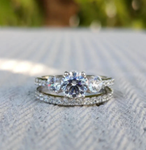Round Cut 3.10Ct Three Diamond Bridal Wedding Ring Set 14k White Gold Size 5.5 - £215.17 GBP
