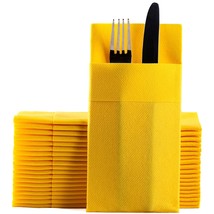 Yellow Dinner Napkins Cloth Like With Built-In Flatware Pocket, Linen-Fe... - £35.51 GBP