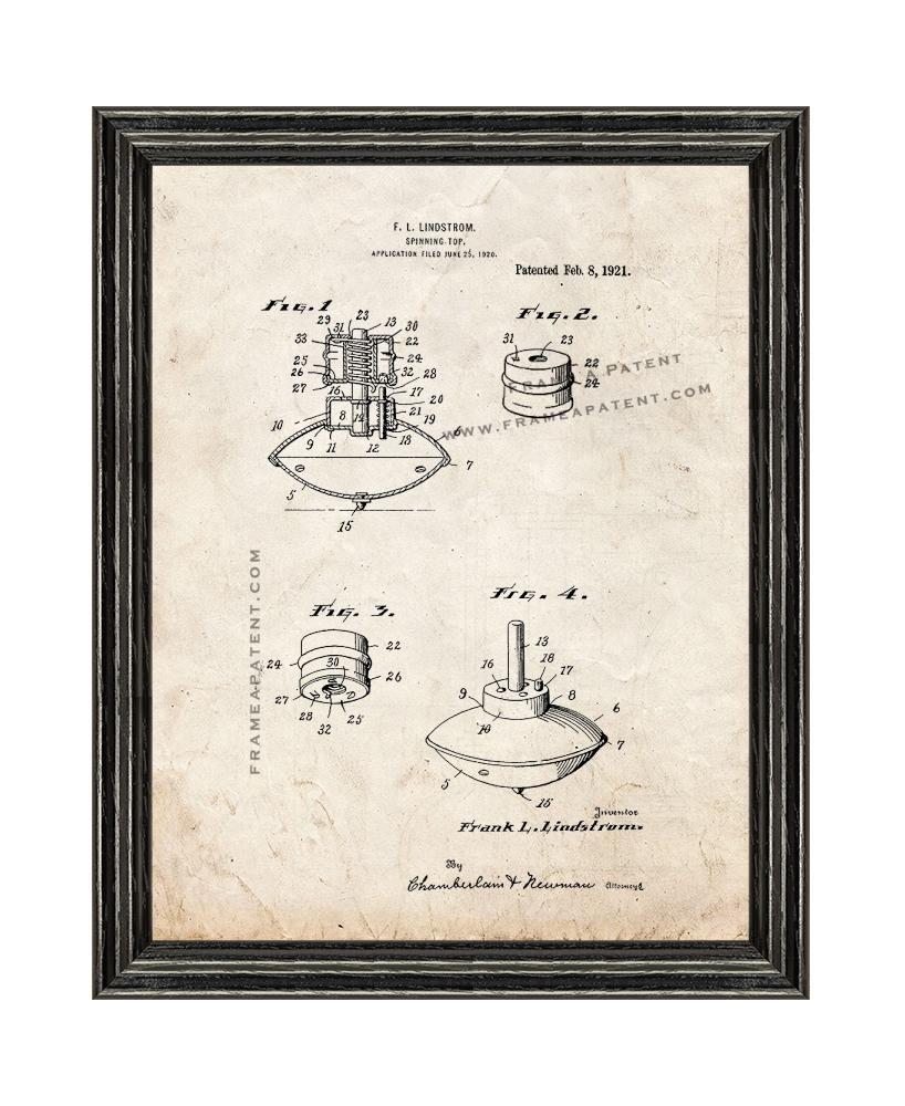 Spinning Top Patent Print Old Look with Black Wood Frame