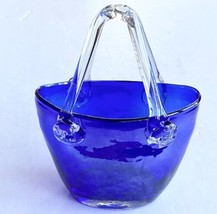 Vintage Cobalt Iridescent Blue Glass Wedding Basket Vase &amp; Clear Applied... - $29.99