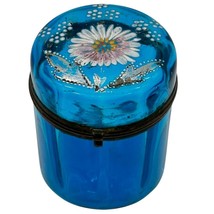 Antique Victorian Glass Blue Hand Painted Enamel Dresser Hair Pin Trinket Jar - £47.44 GBP