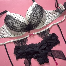 Victoria&#39;s Secret 34DD BRA SET+garter+Panty Back BOW WHITE Black lace Polka Dot - £94.83 GBP