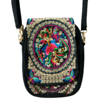 Mini Hipster Crossbody Purse Embroidered Black Multicolor Detachable Strap - $16.61