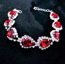 Rhinestone Bridal Bracelet, Red Crystal Bracelet, Silver Tone Prom Pageant Jewel - £24.91 GBP