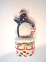  Porcelain Limoge Penguin Christmas Trinket Box Hinged Candy Cane - $15.99