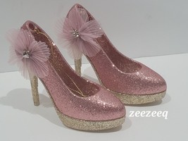 Christmas Shabby Chic Rose Gold Blush Glitter High Heel Shoes Ornaments Pink 2pc - £18.18 GBP