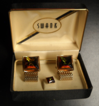 Swank Cuff Links and Tie Tack Square Faceted Stone Hues of Brown Mesh Wrap Box - £15.81 GBP