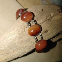 Carnelian Agate Amber Stone Link Bracelet Silver Tone Oval Cabochons Vin... - $142.36