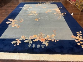 Blue Chinese Wool Rug 8 x 11.5 Open Field Simple Design 90 Line Vintage Art Deco - £2,978.04 GBP