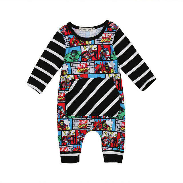 Primary image for NWT Avengers Comic Strip Baby Boys Black Long Sleeve Romper Jumpsuit Outfit 