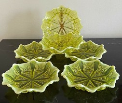Victorian Pearline Glass 6 Lady Chippendale Uranium Yellow Dishes by Dav... - £196.59 GBP
