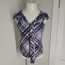 Worthington Petite V-Neck Blouse Shirt ~ Sz PM ~ Purple &amp; Blue ~ Short Sleeve - $20.69