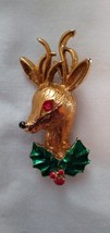 Reindeer Wearing Holly Leaves &amp; Berries Brooch Vintage - £7.83 GBP