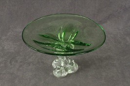 Vintage Studio Art Glass Hand Crafted Green Clear Footed Compote Serving... - £26.73 GBP