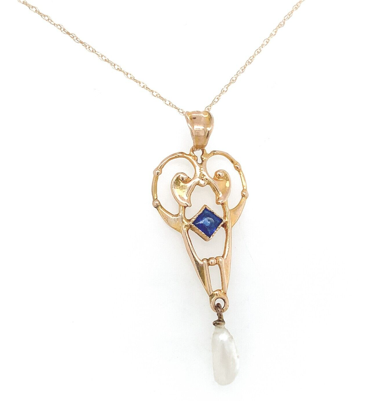 10k Yellow Gold Victorian Lavaliere Pendant with Blue Glass Pearl Drop (#J6438) Item image 2
