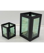 2 Black Lantern Metal Leaf Tea Pillar Candle Holder Cube Glass Boxes - £9.30 GBP