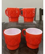 Vintage Fire King Diamonds Stack Mugs Red Set  4 Coffee Milk-Glass Fired... - $39.59