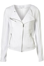 Women White Color Leather Biker Jacket, Zipper Closure Collar less lapel... - $219.99