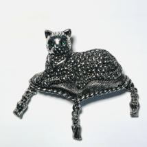 Vintage Brooch Cat Emerald Eyes on Pillow with Tassels Marcasite Signed Avon - $17.77