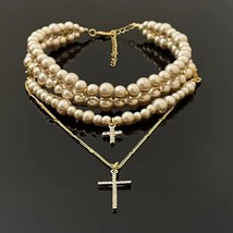 Vintage Pearl Layered Choker &amp; Gold Cross Pendant Necklace Set  - $15.00