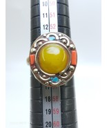 Vintage Tuareg Style Brass Ring with Yellow Resin Stone and Coral Inlay - $826.88 MXN