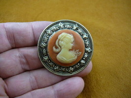(CS23-15) PONYTAIL Lady orange + ivory circle CAMEO scrolled brass Pin Pendant - £22.78 GBP