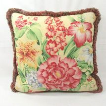 Luxury Botanical Floral Multi Yellow Fringed 16-inch Square Decorative Pillow - £42.79 GBP
