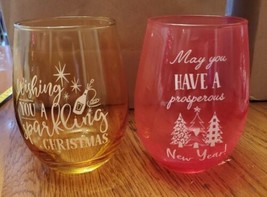 2 Stemless Wine Glasses Christmas &amp; New Years Red And Gold New Open Box  - £12.60 GBP