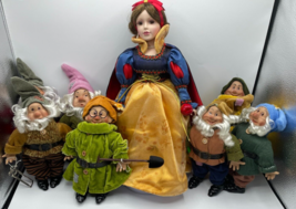 Vintage Snow White and the Seven Dwarfs Porcelain Doll Set 16&quot; Tall Rare... - $246.99