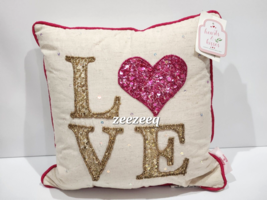 Hearts &amp; Kisses Valentines LOVE Pink Gold Hearts Beaded Pillow 12&quot; x 12&quot; - £28.06 GBP