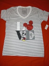 Disney Store Mickey Red Glitter Silhouette Gray Stripe Ladies Tee Size L... - £16.71 GBP