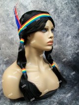 Black Indian Princess Wig Rainbow Headband &amp; Feathers Pigtails Native American - £13.29 GBP