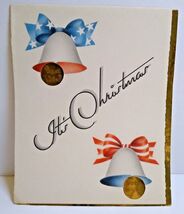 Mid Century Modern Christmas Greeting Card Diecut Window Bells Ribbons G... - $8.90
