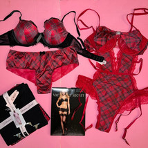 Victoria&#39;s Secret 34C Bra Set+M Garter TEDDY+TEE-JAMA Pj Red Black Plaid Xmas - £174.09 GBP