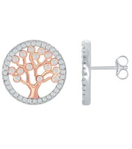 Silver Roots Tree of Life Clear CZ Rose-plated Sterling Silver Stud Earrings - £26.73 GBP