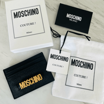 MOSCHINO Logo Leather Card Case, Designer Italian Luxury Wallet, Black Gold, NWT - £168.49 GBP
