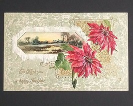 Wish You A Happy New Year Poinsettias Gold Embossed Floral Winsch Postcard 1910 - £11.72 GBP