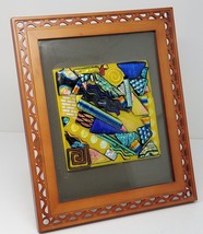 Iridescent Square Fused Glass Panel Art Work Wood Framed Abstract Southwest - £22.67 GBP