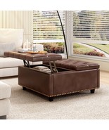Large Mid-Century Storage Stool Coffee Table, Brown PU Nailhead Footstool - $3,938.50 MXN