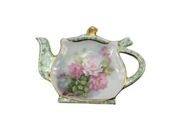 Vintage Ceramic Green Pink Floral Tea Bag Holder Plate Teapot Quilts - $12.82