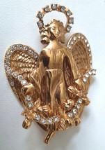 Angel Brooch Pin with Crystal Rhinestone Accents 2 3/4 Inches Tall Gold Tone - £19.94 GBP