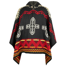 Harmony of Contrasts Hooded Cotton-Alpaca Poncho Aztec Geometric Accents - $128.65